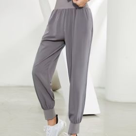 Solid Color High Waist Yoga Fitness Cropped Pants, Breasted Waist Straps Sports Jogging Pants, Women's Activewear (Color: GREY, size: M(6))