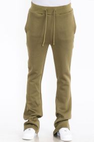 Mens Solid Fleece Flare Stacked PANTS (Color: Olive, size: S)
