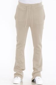 Mens Solid Fleece Flare Stacked PANTS (Color: Oatmeal, size: XL)